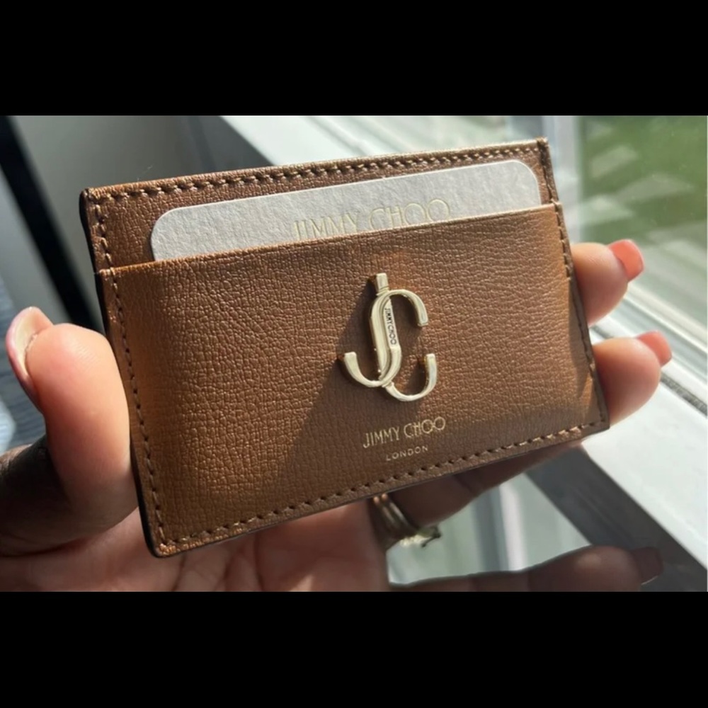 Jimmy Choo card holder. Brown leather with gold hardware. With box and dust bag